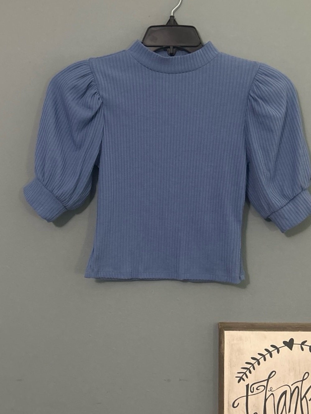 Forever 21 Blue Ribbed Puff-Sleeve Crop Top